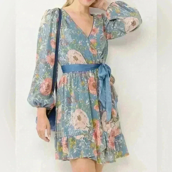 LC Lauren Conrad Faux-Wrap Fit & Flare blue&pink Floral sequin dress XXL - Picture 1 of 11